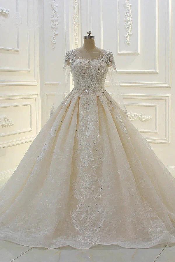 Long Ball Gown Beading Bateau Appliques Lace Wedding Dress with Sleeves by BIZTUNNEL