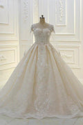 Long Ball Gown Beading Bateau Appliques Lace Wedding Dress with Sleeves by BIZTUNNEL