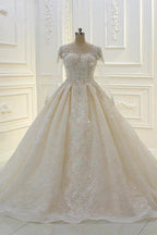 Long Ball Gown Beading Bateau Appliques Lace Wedding Dress with Sleeves by BIZTUNNEL