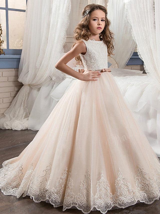 Long Ball Gown Chiffon Tulle Jewel Neck Wedding Birthday Pageant Flower Girl… - photo 1