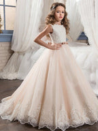 Long Ball Gown Chiffon Tulle Jewel Neck Wedding Birthday Pageant Flower Girl… - photo 1