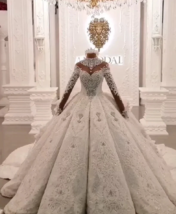 Long Ball Gown High Neck Sparkle Applique Satin Wedding Dress with Sleeves