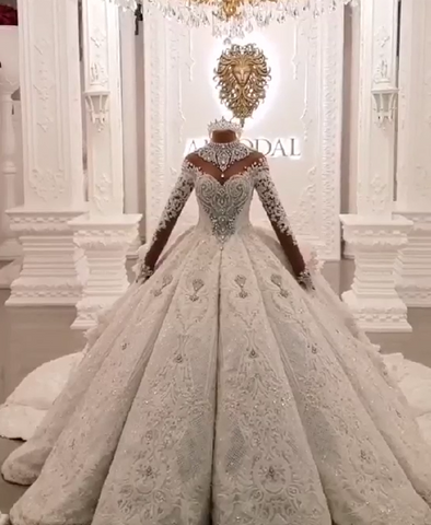 Long Ball Gown High Neck Sparkle Applique Satin Wedding Dress with Sleeves