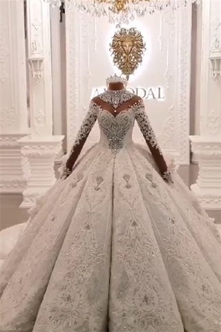 Long Ball Gown High Neck Sparkle Applique Satin Wedding Dress with Sleeves