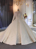 Long Ball Gown High Neck Tulle Lace Wedding Dresses with Sleeves by BIZTUNNEL