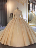 Long Ball Gown High Neck Tulle Lace Wedding Dresses with Sleeves by BIZTUNNEL