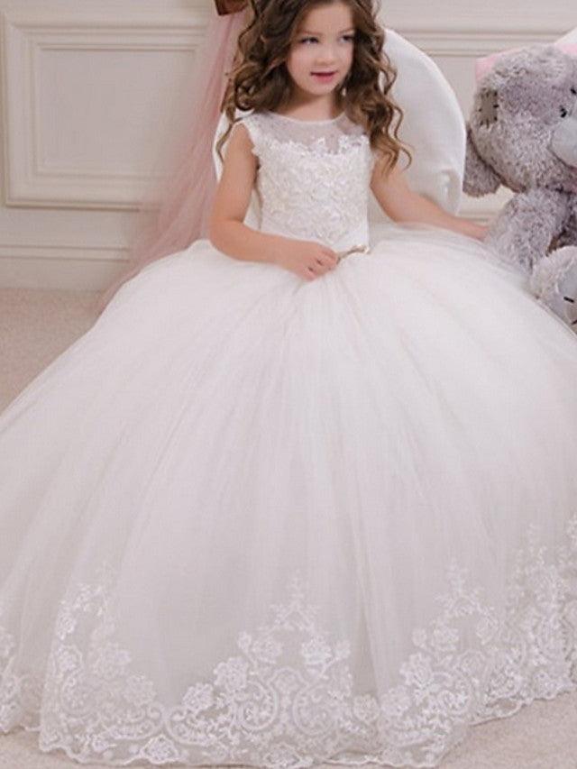 Long Ball Gown Jewel Neck Event Party Birthday Flower Girl Dresses With Appli… - photo 1