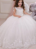 Long Ball Gown Jewel Neck Event Party Birthday Flower Girl Dresses With Appli… - photo 1