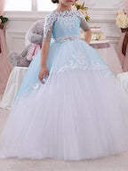 Long Ball Gown Jewel Neck Tulle Lace Pageant Flower Girl Dresses with Sleeves - photo 2