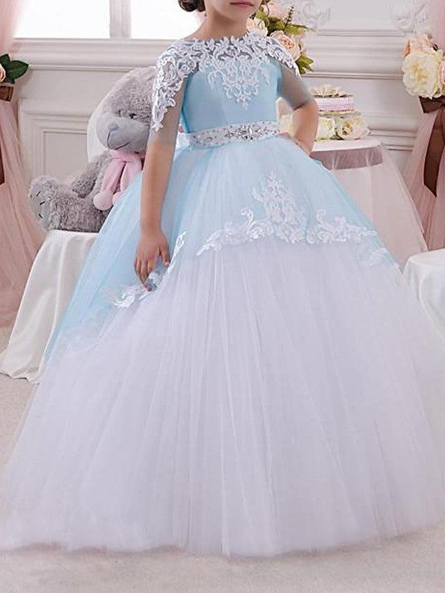 Long Ball Gown Jewel Neck Tulle Lace Pageant Flower Girl Dresses with Sleeves - photo 2