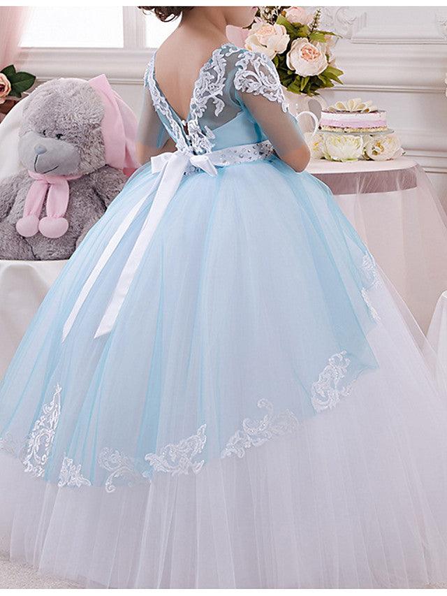 Long Ball Gown Jewel Neck Tulle Lace Pageant Flower Girl Dresses with Sleeves - photo 3