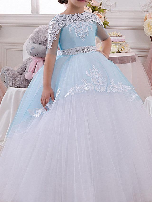 Long Ball Gown Jewel Neck Tulle Lace Pageant Flower Girl Dresses with Sleeves - photo 1