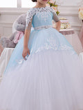 Long Ball Gown Jewel Neck Tulle Lace Pageant Flower Girl Dresses with Sleeves - photo 1