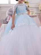 Long Ball Gown Jewel Neck Tulle Lace Pageant Flower Girl Dresses with Sleeves - photo 1