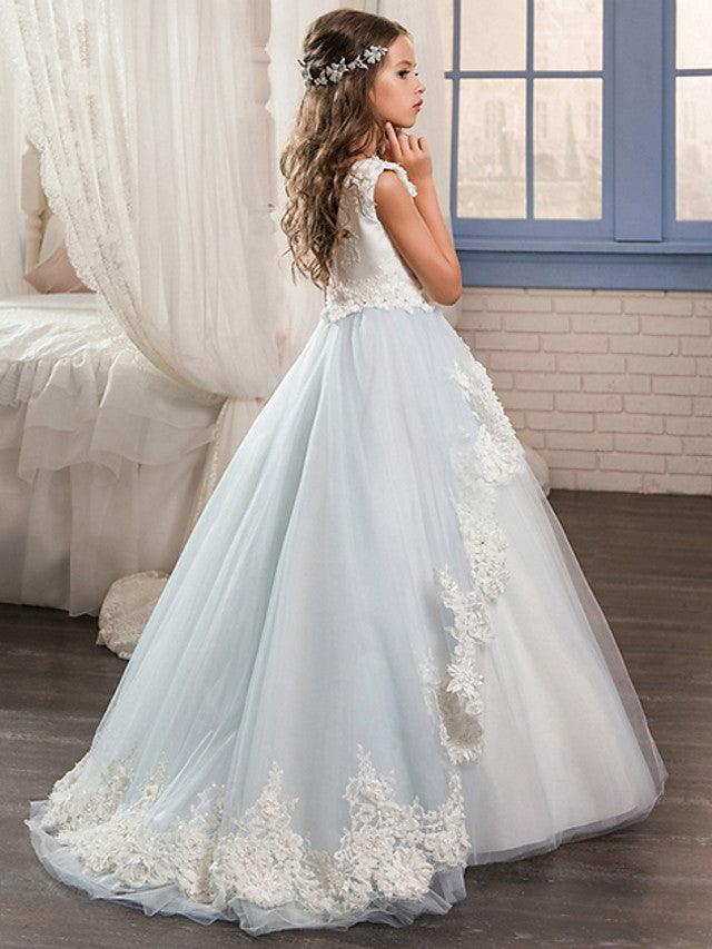 Long Ball Gown Jewel Neck Wedding Event Party Flower Girl Dresses With Lace A… - photo 2