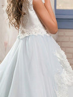 Long Ball Gown Jewel Neck Wedding Event Party Flower Girl Dresses With Lace A… - photo 4