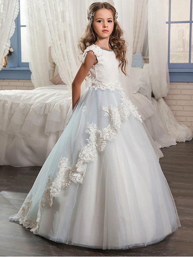 Long Ball Gown Jewel Neck Wedding Event Party Flower Girl Dresses With Lace A… - photo 1