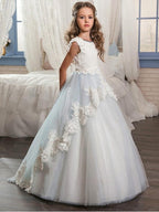Long Ball Gown Jewel Neck Wedding Event Party Flower Girl Dresses With Lace A… - photo 1
