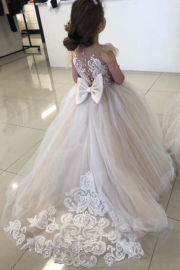 Long Ball Gown Lace Appliques Tulle Flower Girl Dresses - photo 2