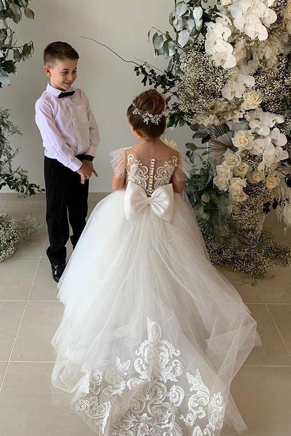 Long Ball Gown Lace Appliques Tulle Flower Girl Dresses - photo 3