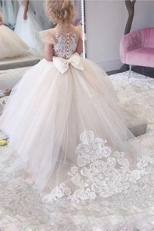 Long Ball Gown Lace Appliques Tulle Flower Girl Dresses - photo 1