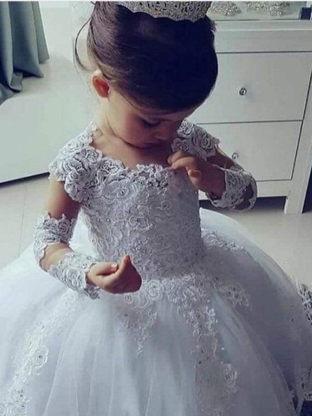 Long Ball Gown Lace Jewel Neck Wedding Flower Girl Dresses with Sleeves - photo 2