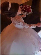 Long Ball Gown Lace Jewel Neck Wedding Flower Girl Dresses with Sleeves - photo 3