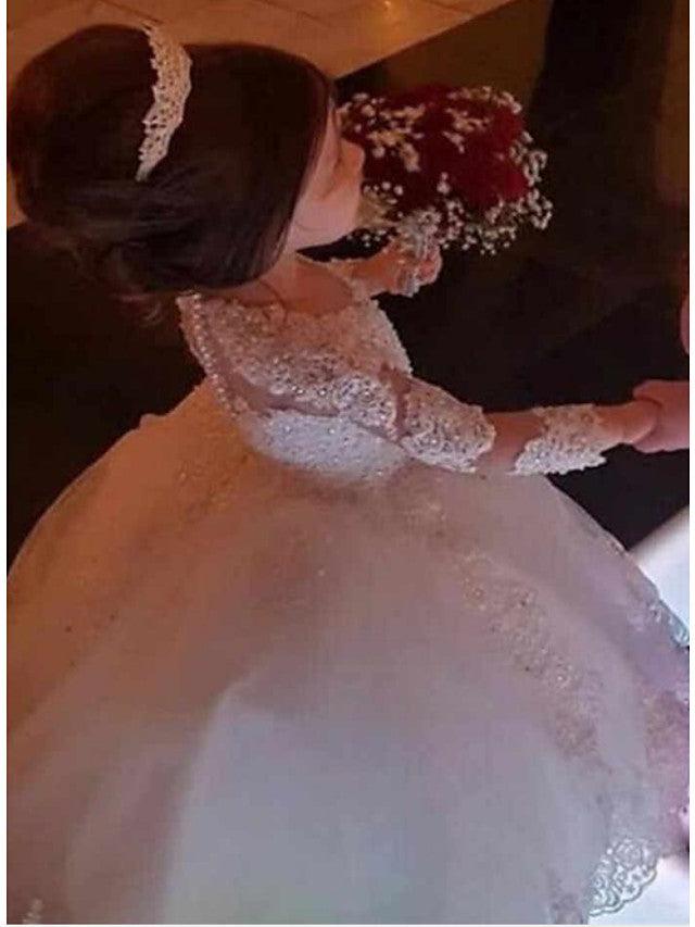 Long Ball Gown Lace Jewel Neck Wedding Flower Girl Dresses with Sleeves - photo 3