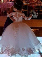 Long Ball Gown Lace Jewel Neck Wedding Flower Girl Dresses with Sleeves - photo 4