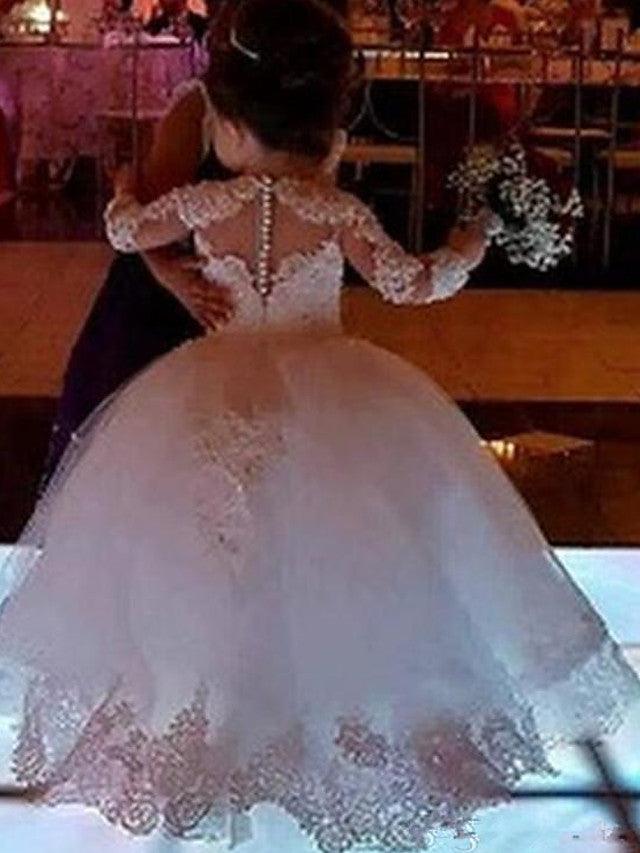 Long Ball Gown Lace Jewel Neck Wedding Flower Girl Dresses with Sleeves - photo 4