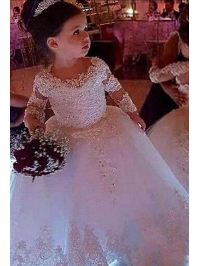 Long Ball Gown Lace Jewel Neck Wedding Flower Girl Dresses with Sleeves - photo 1