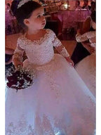 Long Ball Gown Lace Jewel Neck Wedding Flower Girl Dresses with Sleeves - photo 1