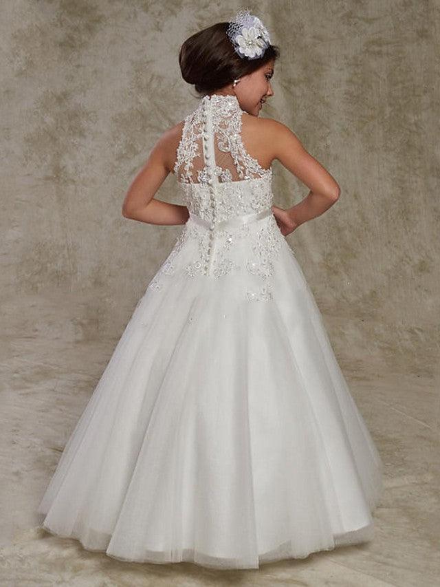 Long Ball Gown Lace Sleeveless High Neck Wedding Party Flower Girl Dresses Wi… - photo 2
