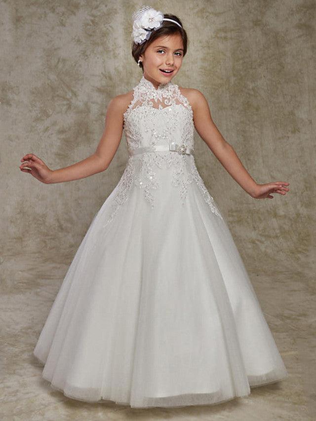 Long Ball Gown Lace Sleeveless High Neck Wedding Party Flower Girl Dresses Wi… - photo 1