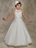 Long Ball Gown Lace Sleeveless High Neck Wedding Party Flower Girl Dresses Wi… - photo 1