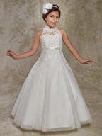 Long Ball Gown Lace Sleeveless High Neck Wedding Party Flower Girl Dresses Wi… - photo 1