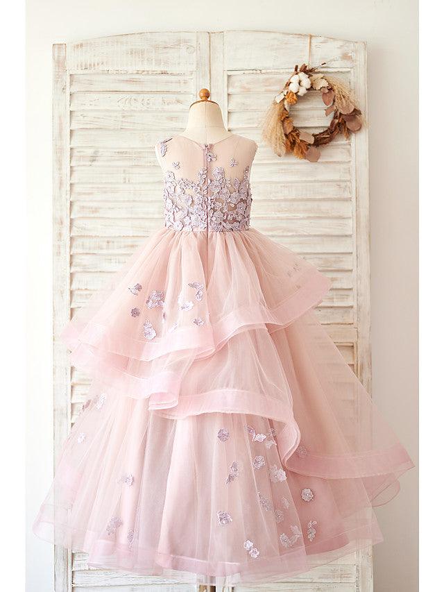 Long Ball Gown Lace Tulle Sleeveless Jewel Neck Wedding Birthday Flower Girl… - photo 2