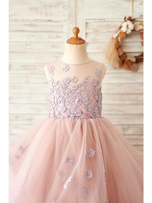 Long Ball Gown Lace Tulle Sleeveless Jewel Neck Wedding Birthday Flower Girl… - photo 3