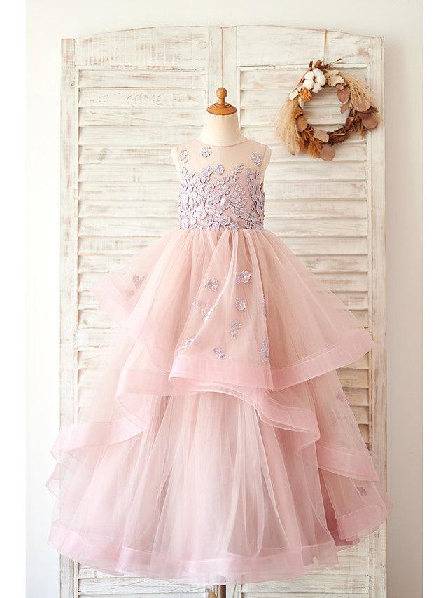 Long Ball Gown Lace Tulle Sleeveless Jewel Neck Wedding Birthday Flower Girl… - photo 1