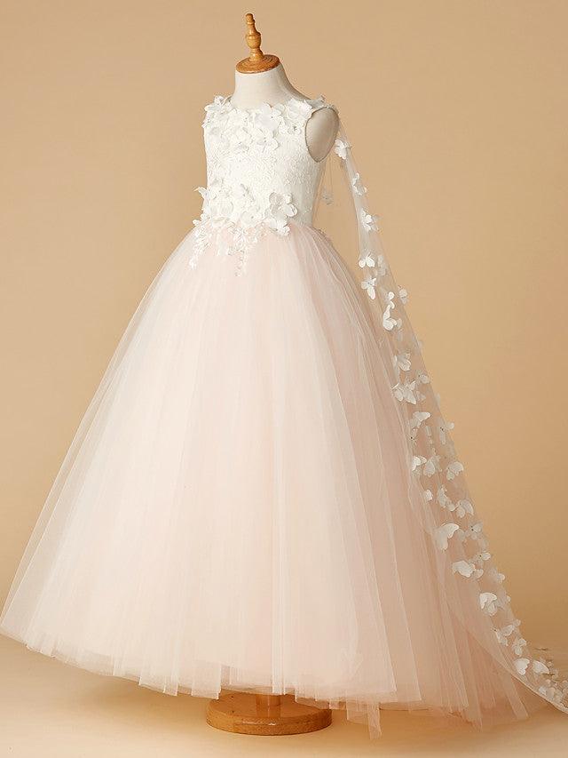 Long Ball Gown Lace Tulle Wedding Party Pageant Flower Girl Dresses - photo 2
