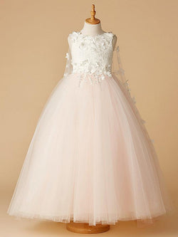 Long Ball Gown Lace Tulle Wedding Party Pageant Flower Girl Dresses - photo 1
