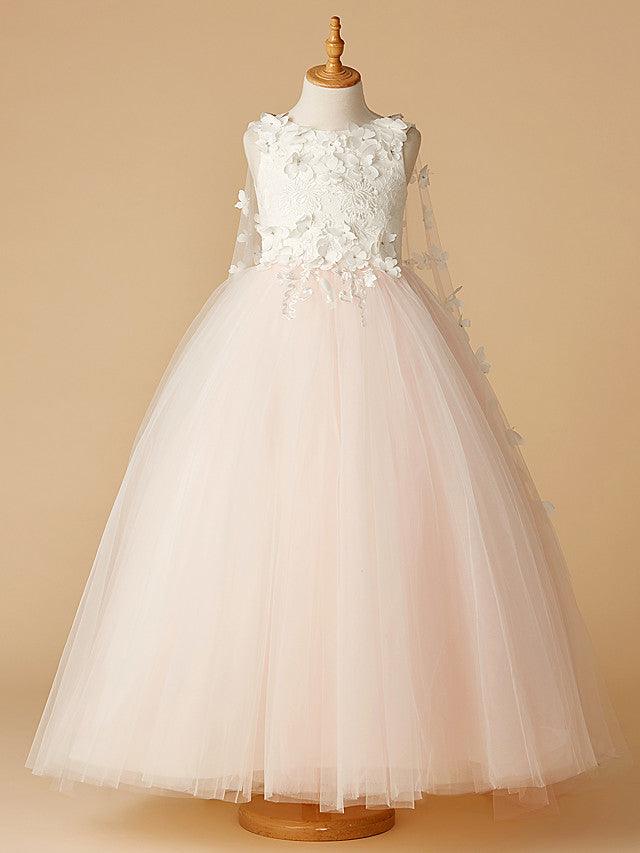 Long Ball Gown Lace Tulle Wedding Party Pageant Flower Girl Dresses - photo 1