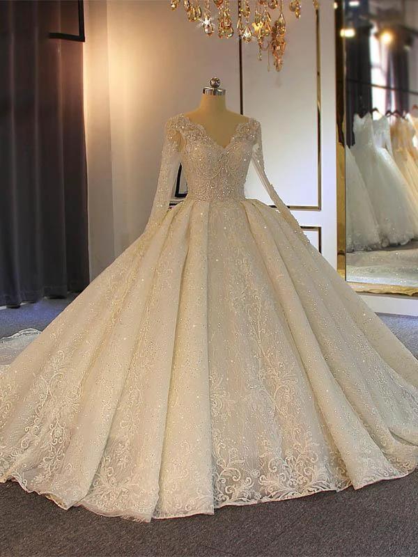 Long Ball Gown Lace-Up Sparkling V-Neck Wedding Dresses with Sleeves by BIZTUNNEL