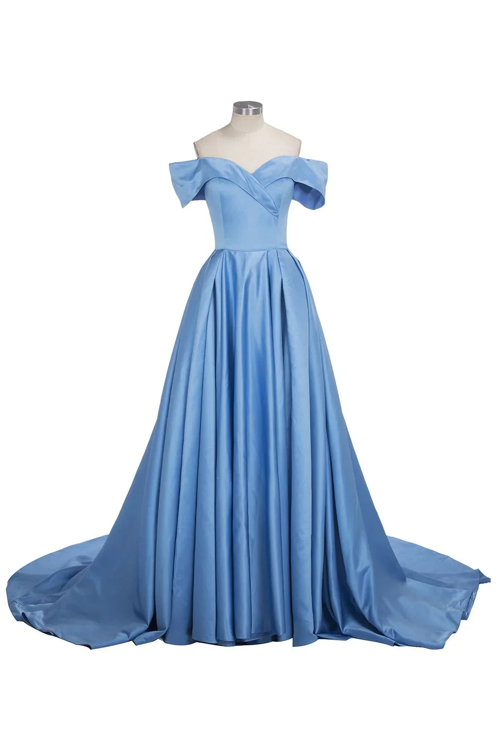 Long Ball Gown Off-shoulder Satin Blue Prom Dresses with Slit by BIZTUNNEL