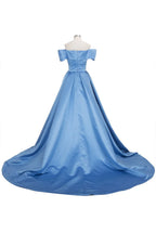 Long Ball Gown Off-shoulder Satin Blue Prom Dresses with Slit by BIZTUNNEL