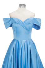 Long Ball Gown Off-shoulder Satin Blue Prom Dresses with Slit by BIZTUNNEL