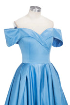 Long Ball Gown Off-shoulder Satin Blue Prom Dresses with Slit by BIZTUNNEL