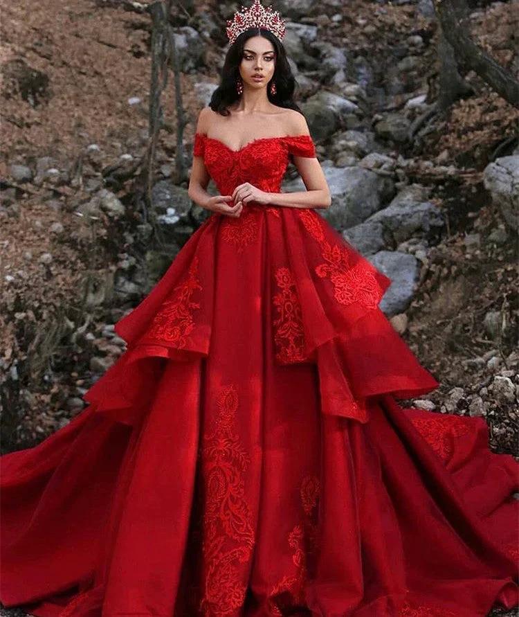 Long Ball Gown Off the Shoulder Satin Lace Red Prom Dress by BIZTUNNEL