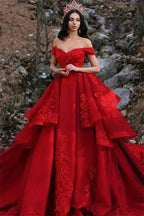 Long Ball Gown Off the Shoulder Satin Lace Red Prom Dress by BIZTUNNEL