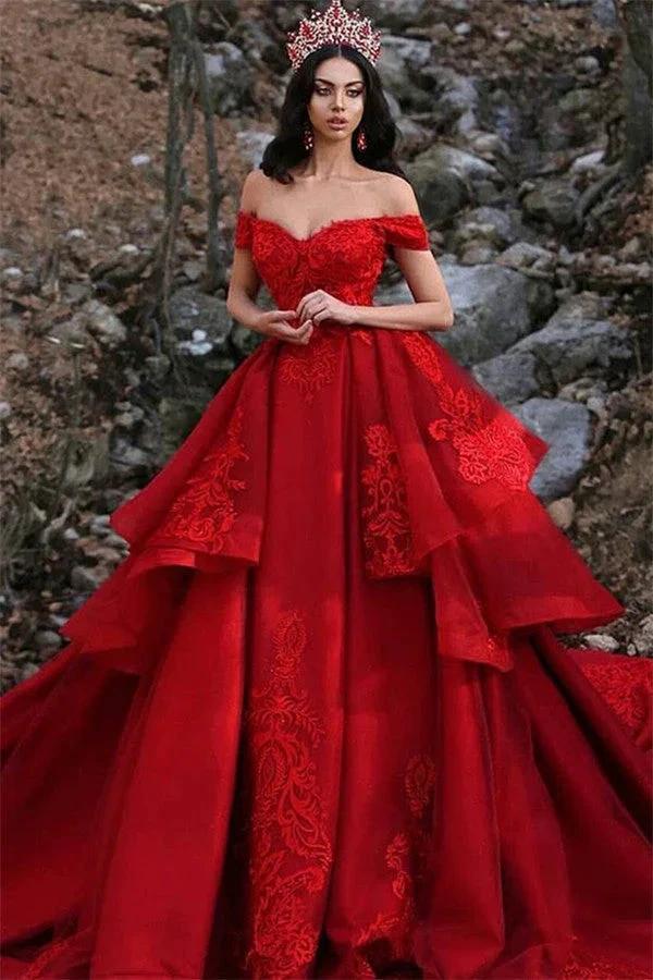 Long Ball Gown Off the Shoulder Satin Lace Red Prom Dress by BIZTUNNEL